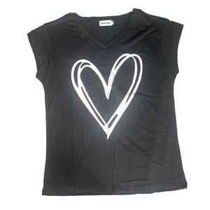 Magicmk V-Neck Black Cotton Blend White Heart Graphic Cap Sleeve Tee Women Med